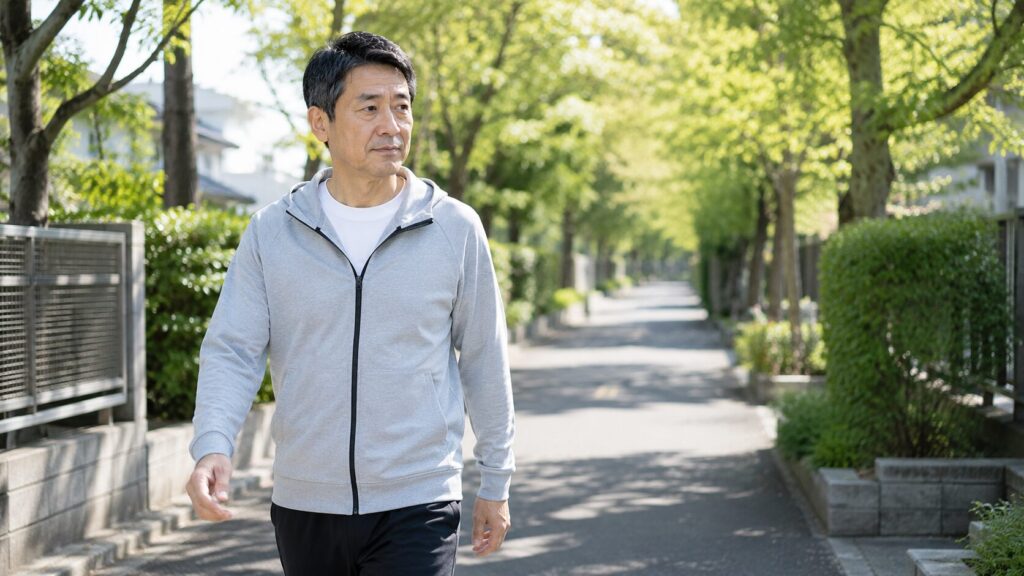 散歩をしながら健康管理を意識する50代男性のイメージ