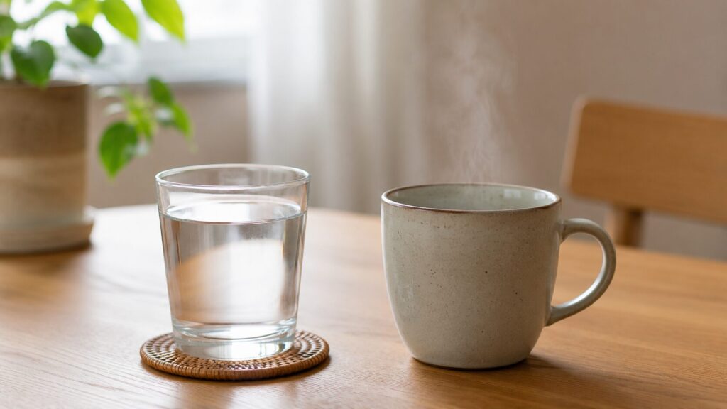 コップの水と白湯を用意した水分補給のイメージ