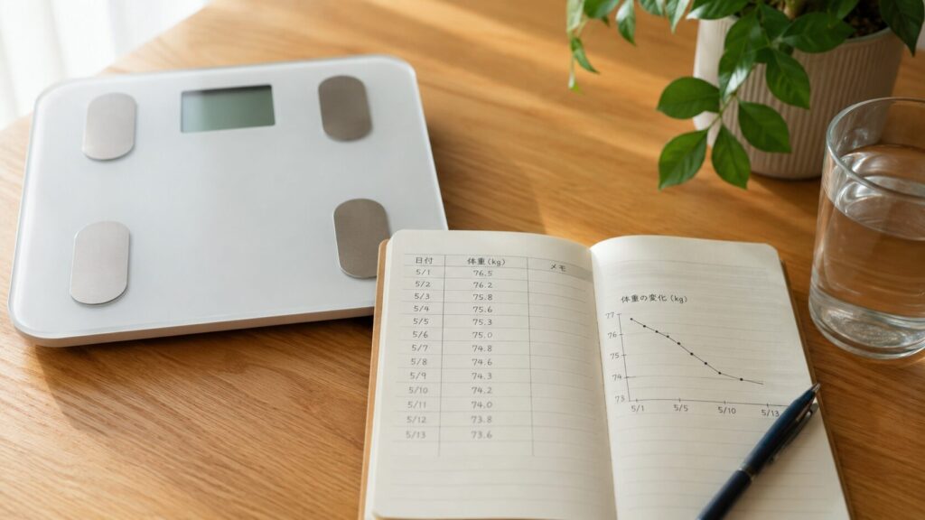 体重記録を確認しながら食事改善を続けるイメージ