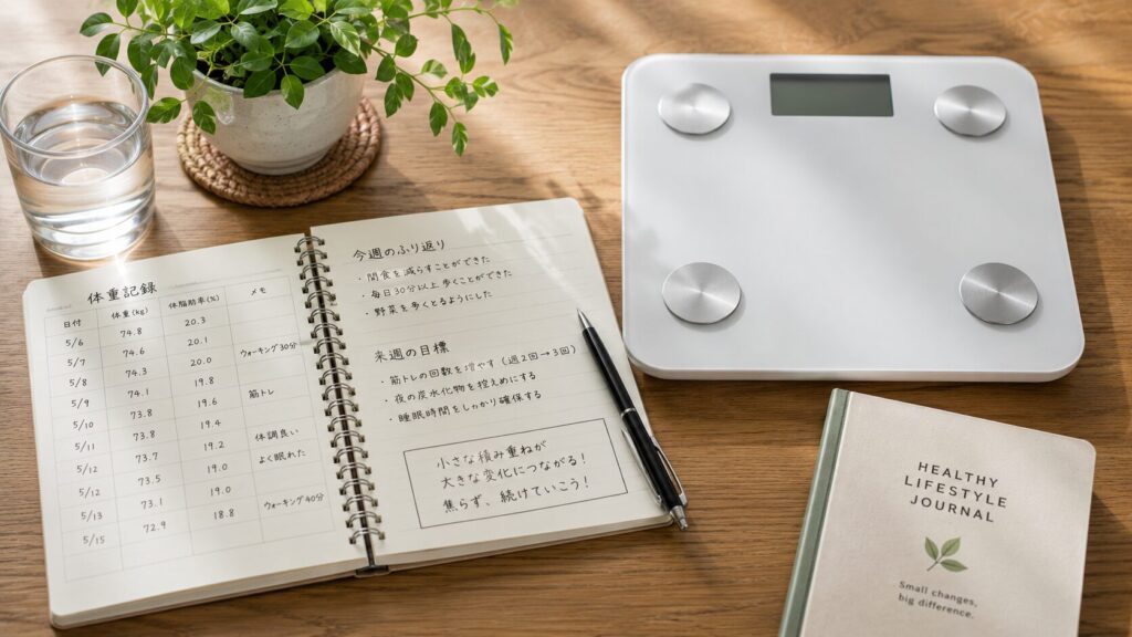 体重記録ノートと体重計を使った健康管理のイメージ