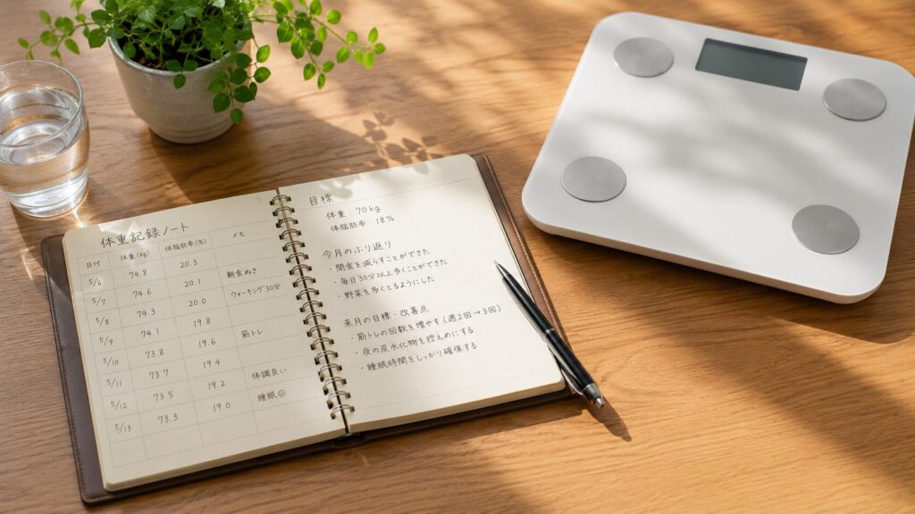 体重記録ノートと体重計を使った健康管理のイメージ