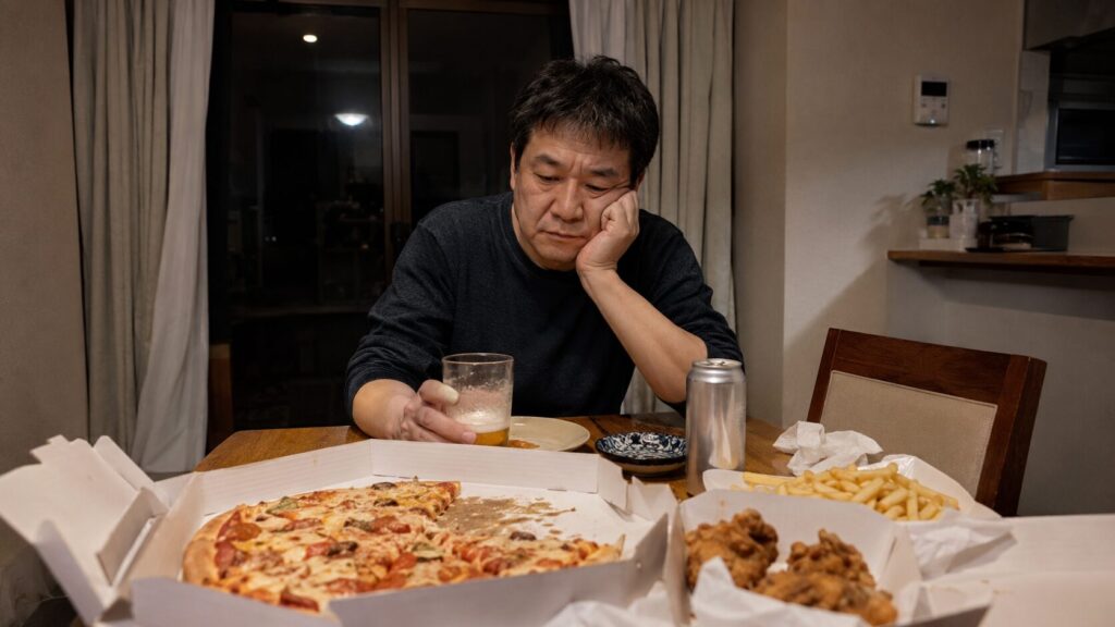 仕事のストレスから夜にLサイズのピザとサイドメニュー、ビールを摂っていた50代男性