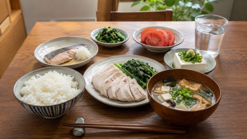 ご飯、具だくさん味噌汁、鶏むね肉、豆腐、魚、野菜を組み合わせた50代男性の低脂質な食事