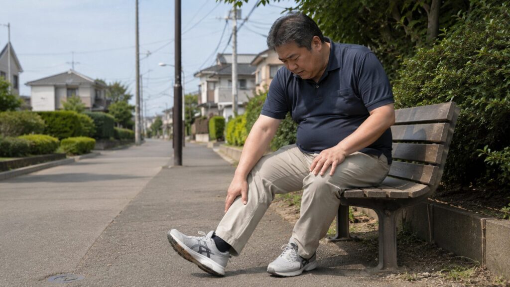 平坦な道を歩いたあと、足元の違和感を気にしながらベンチで休む体格の大きな50代男性