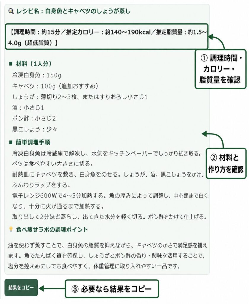 生成されたレシピの調理時間、推定カロリー、脂質量、材料、作り方、コピー機能を説明した画面