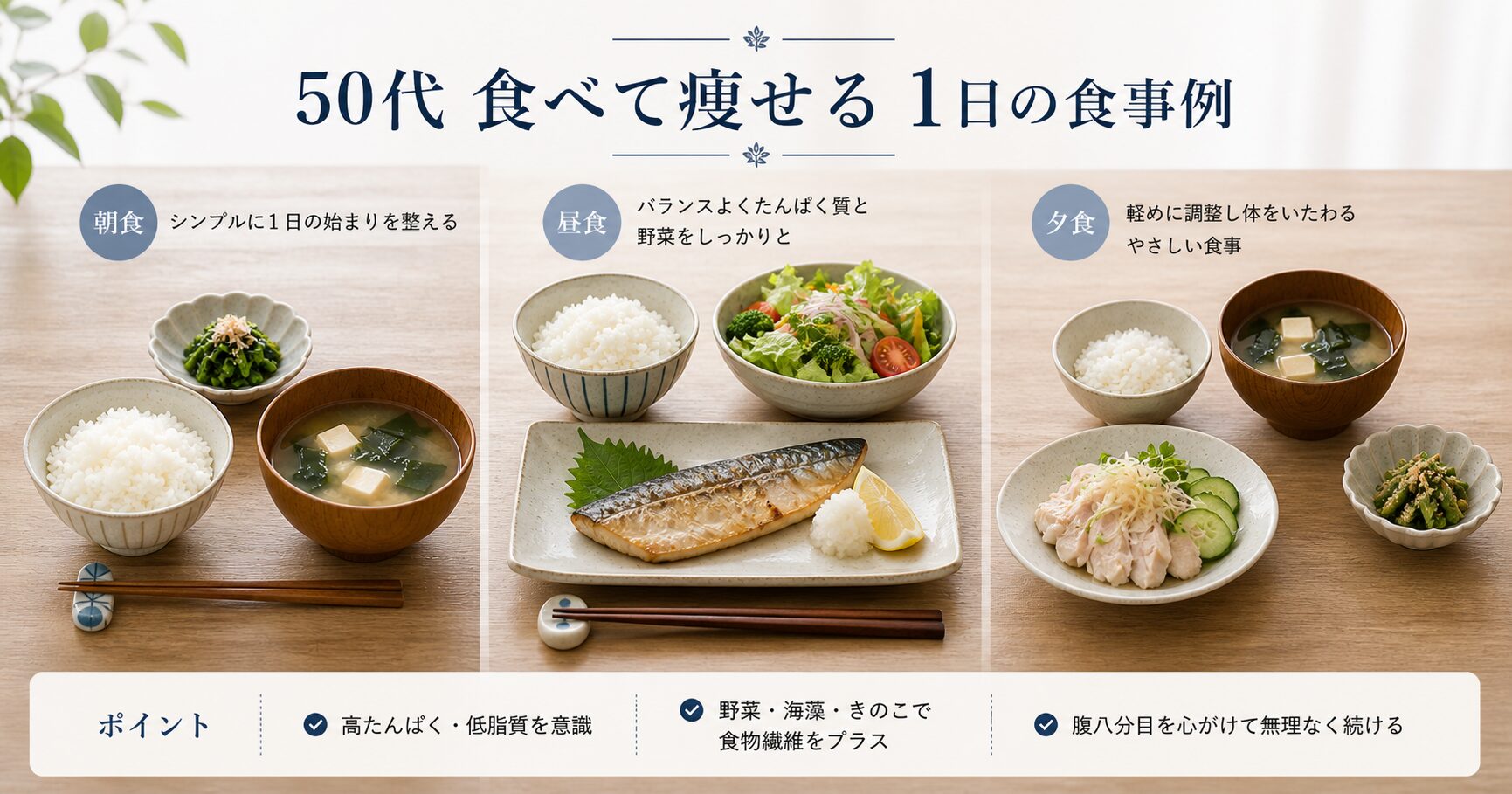 50代男性向けの低脂質ダイエットとして、朝・昼・夜のバランスの取れた1日の食事例（ご飯・味噌汁・魚・鶏肉・野菜）を示した画像