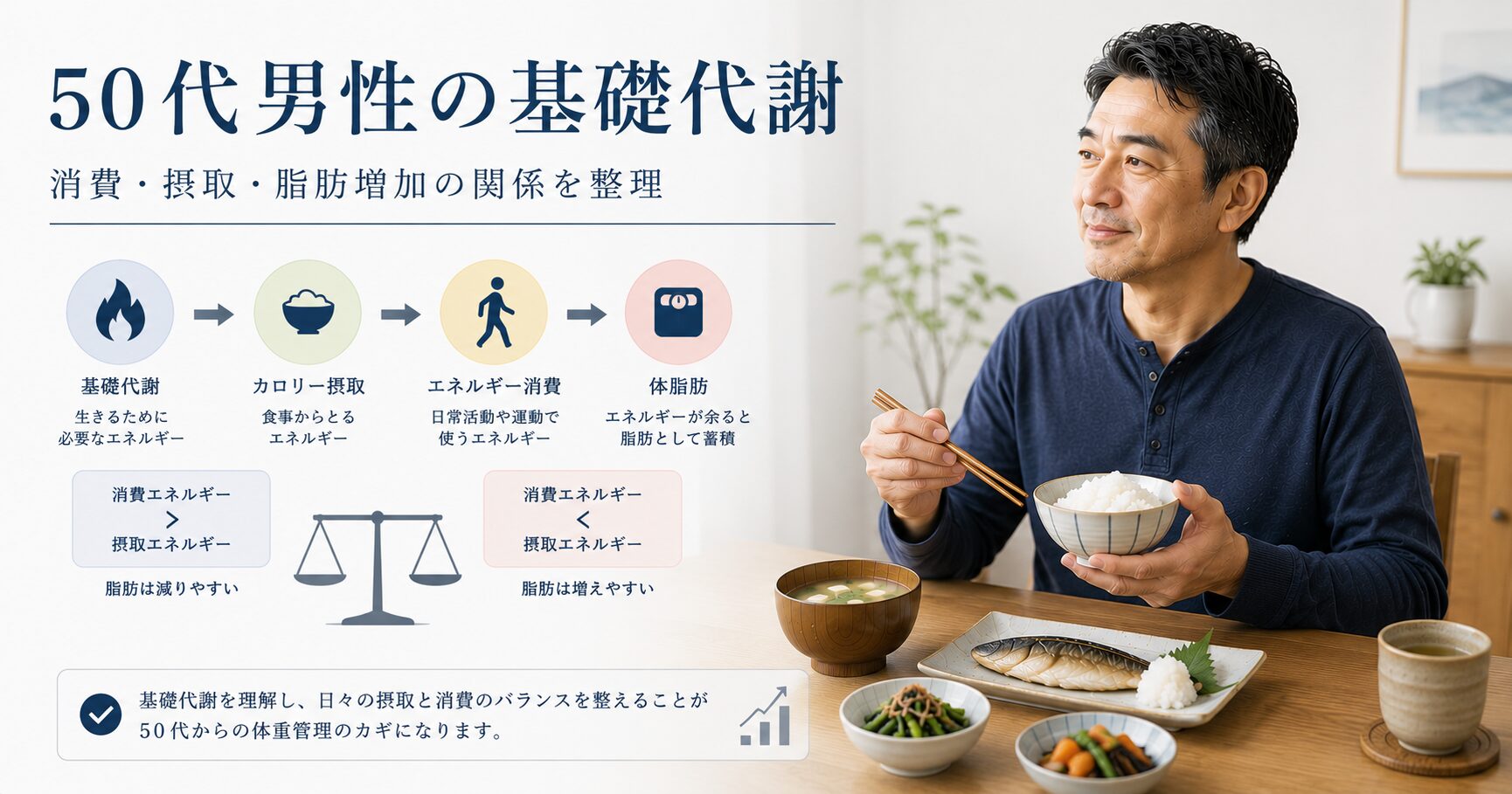 50代男性の基礎代謝と摂取カロリー・消費エネルギー・脂肪増加の関係を整理したアイキャッチ画像