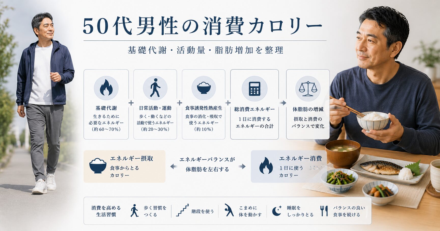 50代男性の消費カロリーを基礎代謝・活動量・食事誘発性熱産生・脂肪増加の関係で整理したアイキャッチ画像