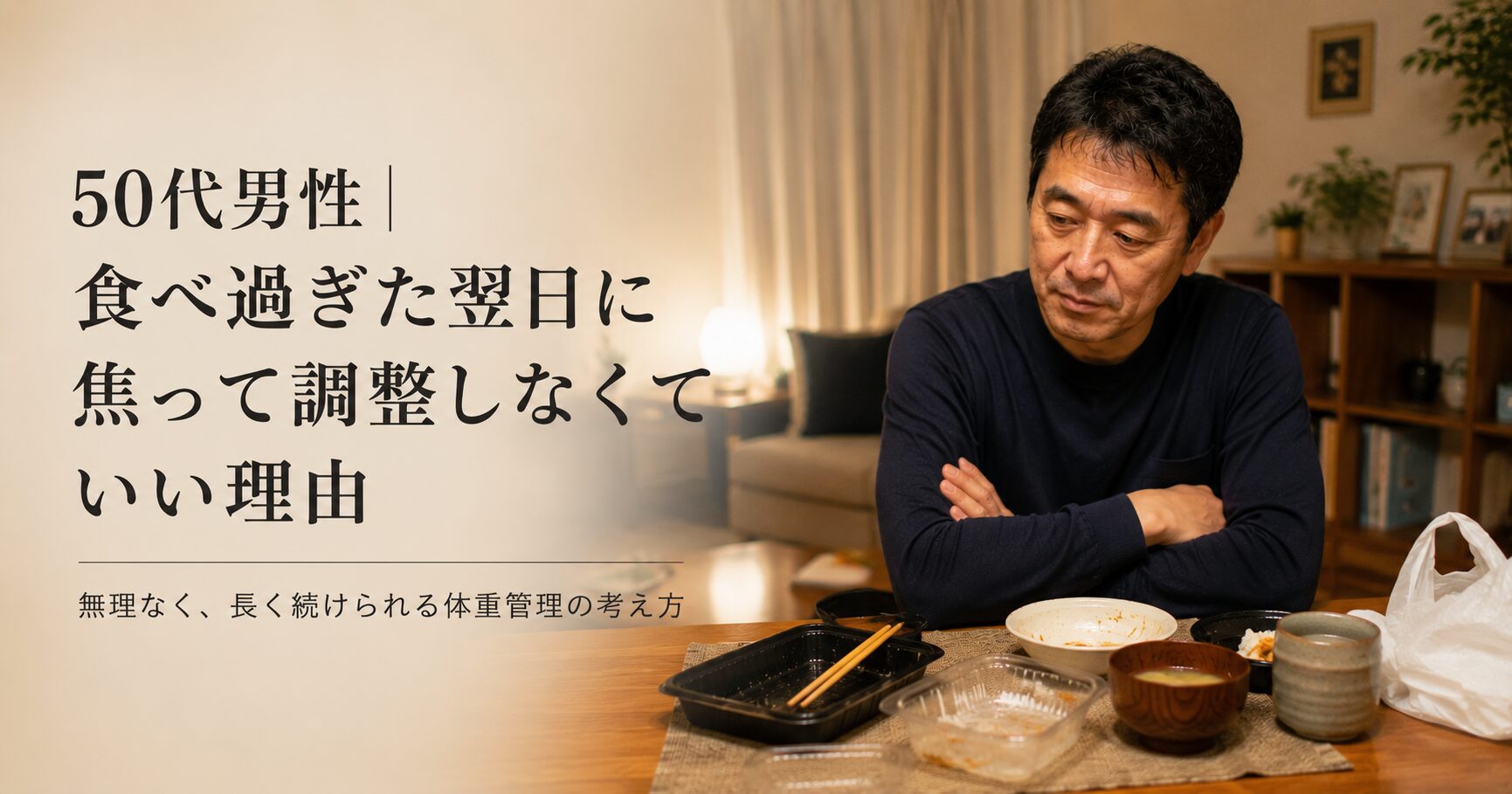 食べ過ぎた翌日に体重管理について落ち着いて考えている50代男性のイメージ