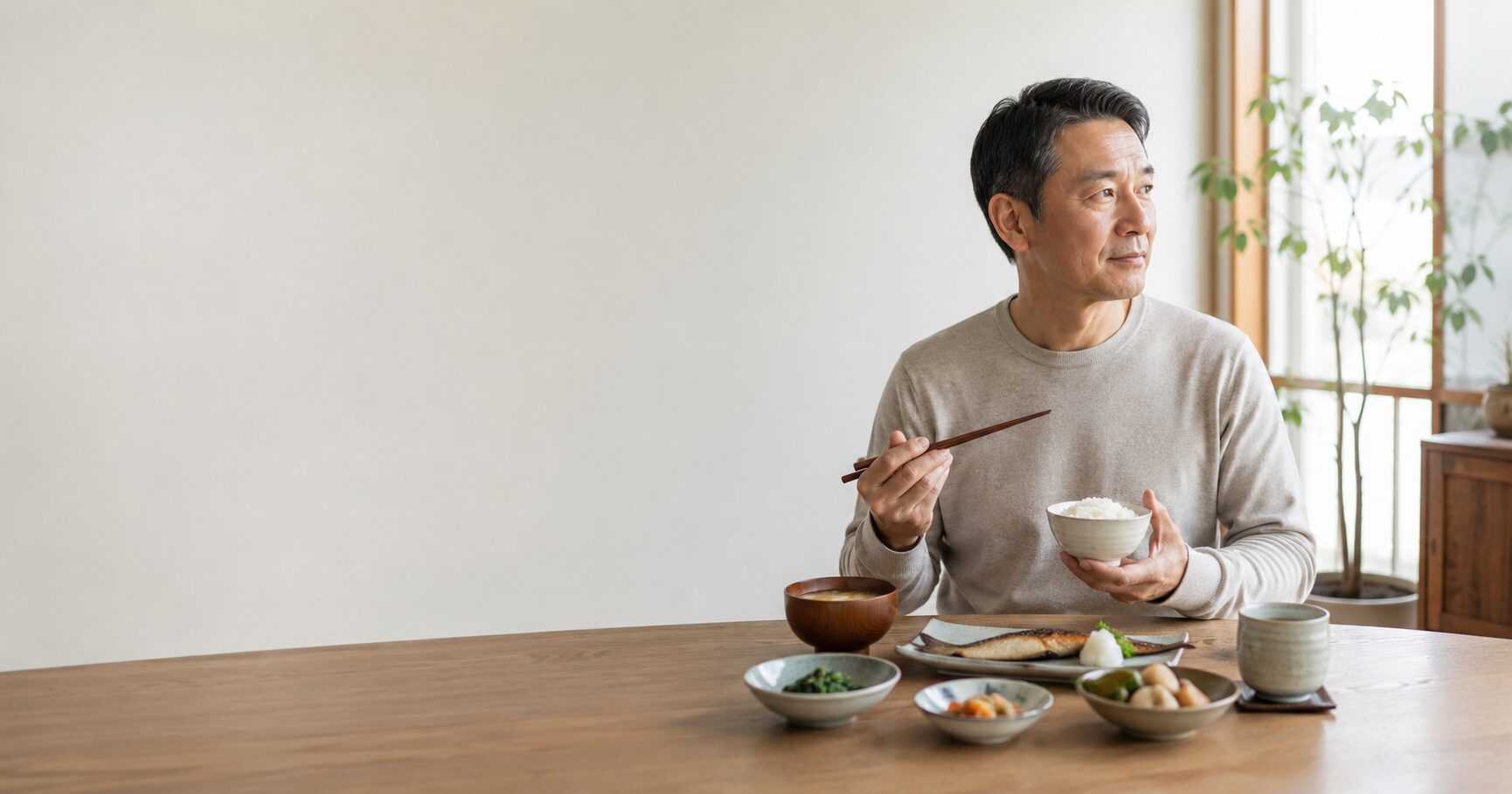 和食中心の食事を通して体重管理を考える50代男性のイメージ