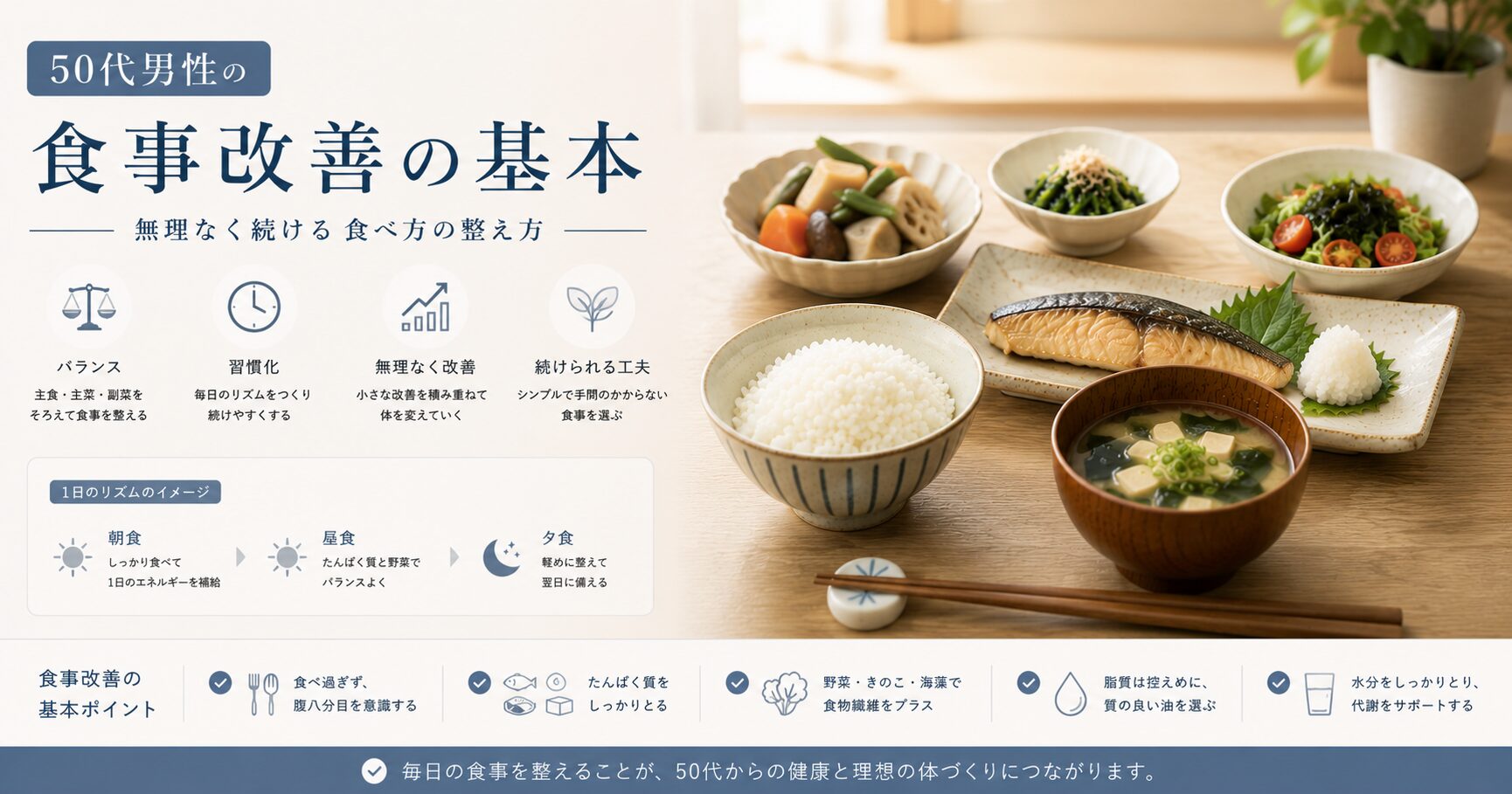 50代男性向けに、ご飯・味噌汁・焼き魚・野菜を中心とした和食で、無理なく続ける食事改善の基本を解説した画像