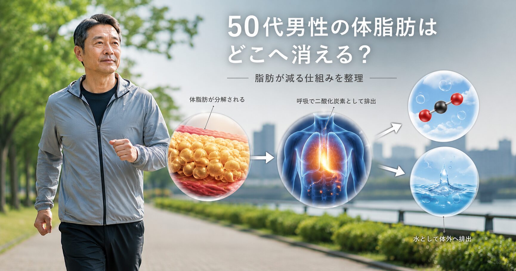 50代男性の体脂肪がエネルギーとして使われ二酸化炭素と水へ変化する流れ