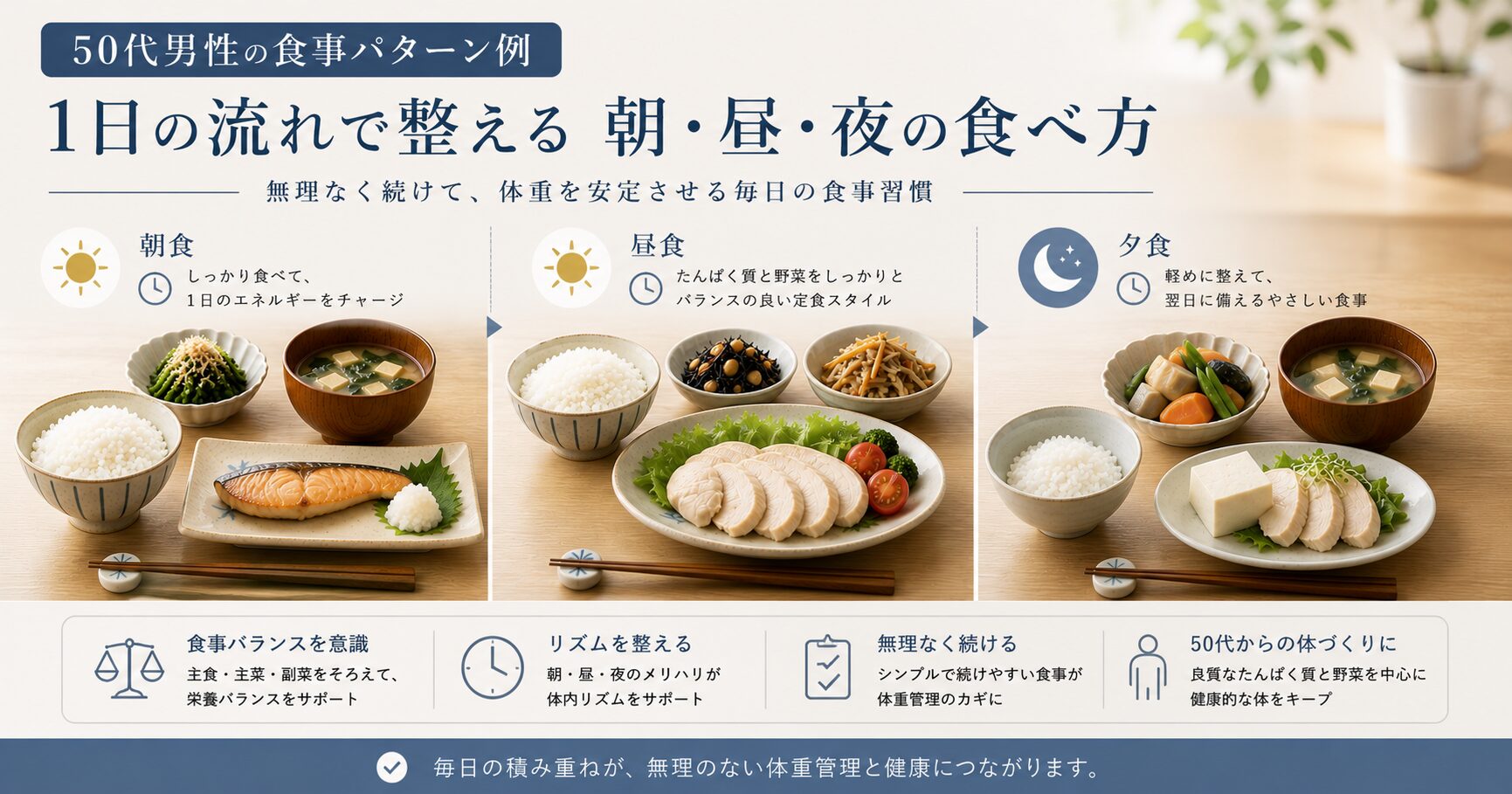 50代男性の食事パターン例｜1日の流れで整える「朝・昼・夜」の食べ方