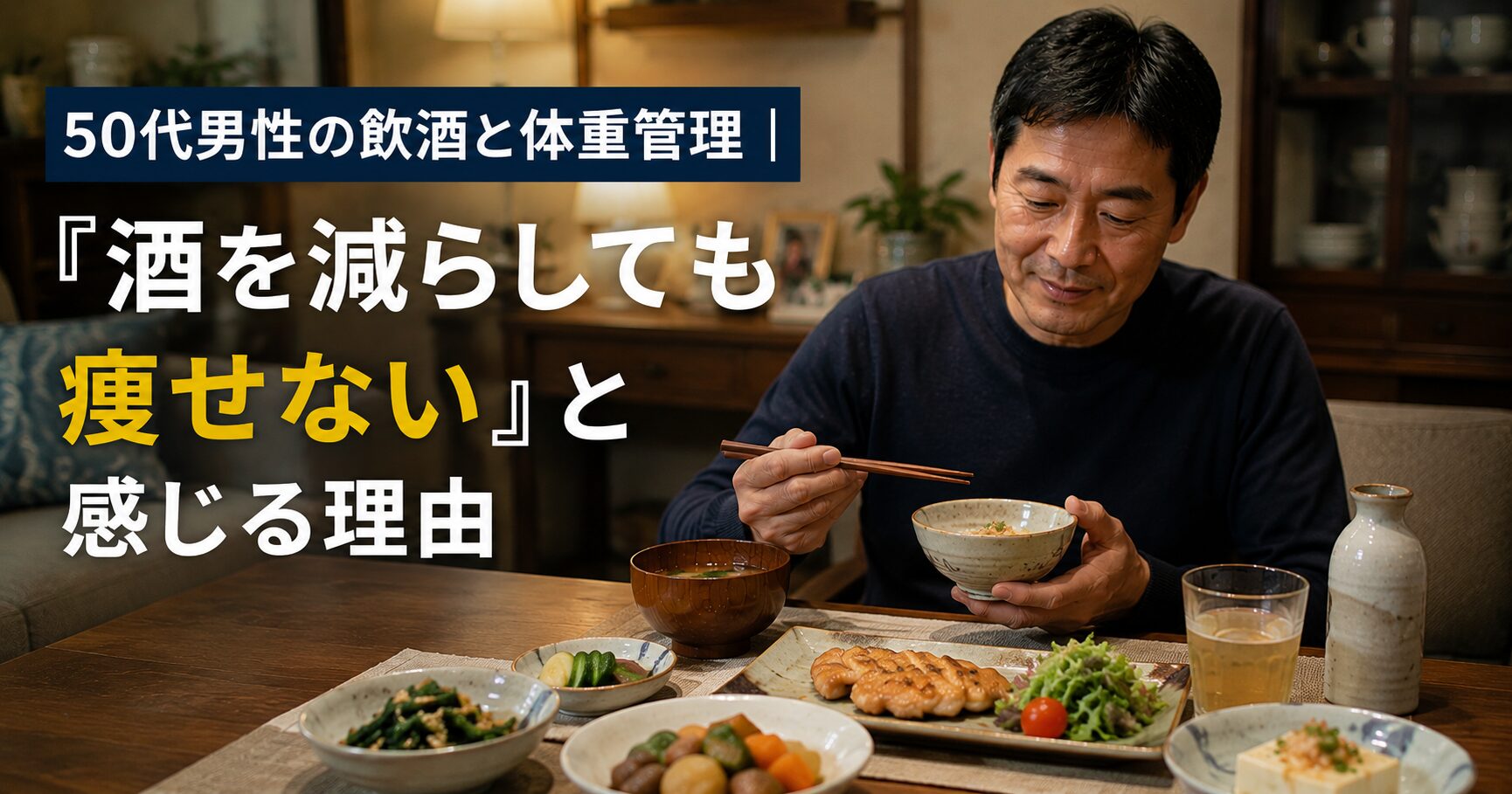 50代男性の飲酒と体重管理をテーマにした和食中心の食卓イメージ