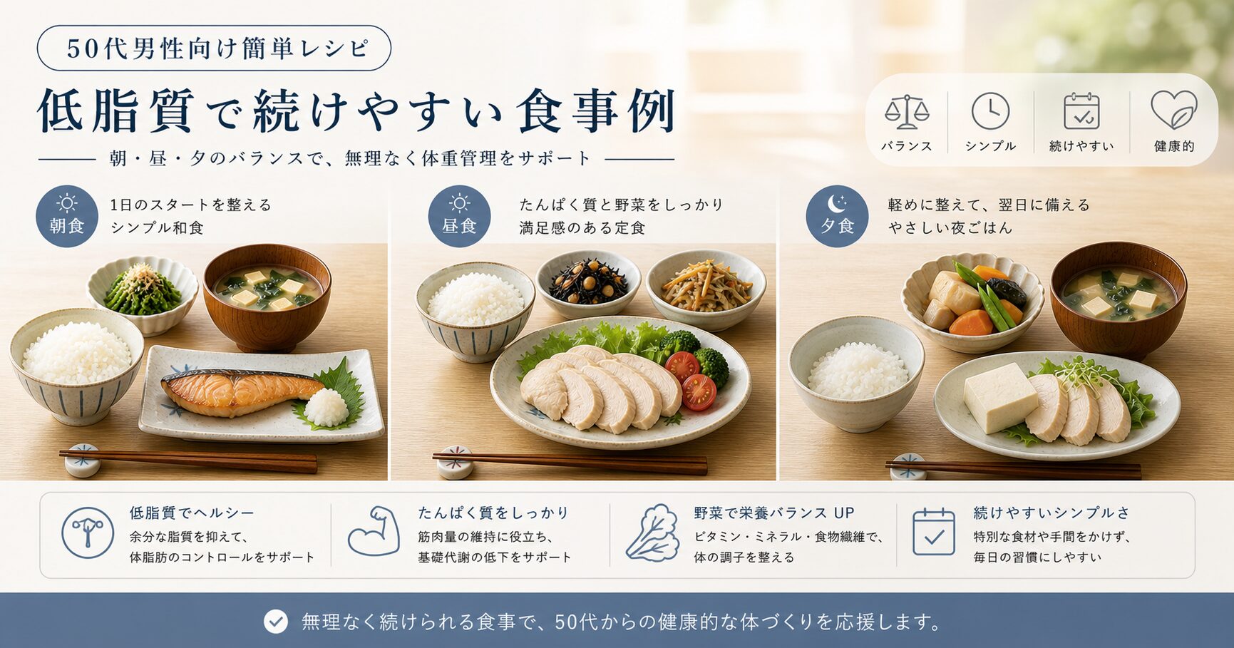 50代男性の食事改善｜低脂質で続けやすい簡単レシピ例