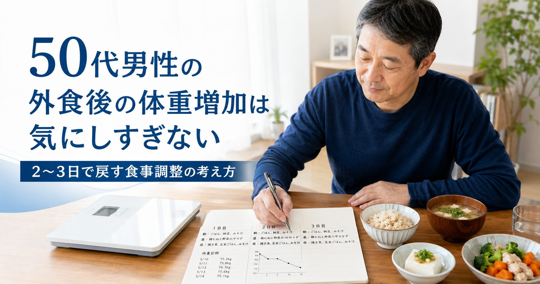 50代男性が外食後の体重管理と食事調整を行っている様子