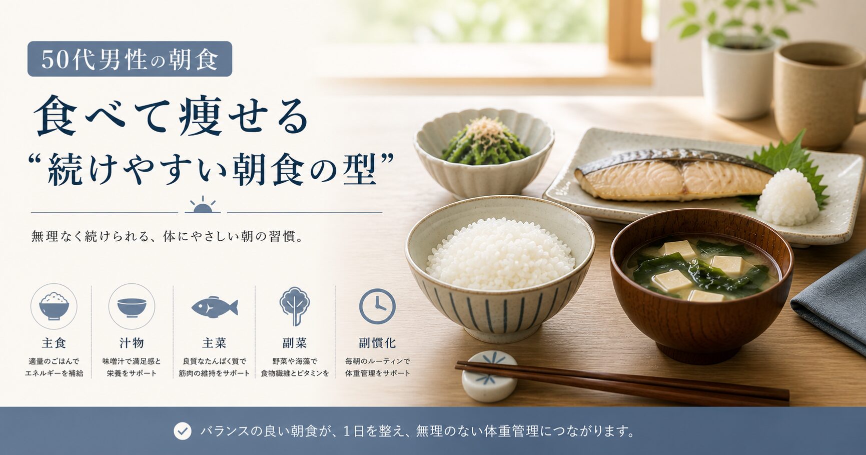 50代男性向けに、ご飯・味噌汁・焼き魚・副菜を組み合わせた、食べて痩せるための続けやすい朝食例を紹介した画像