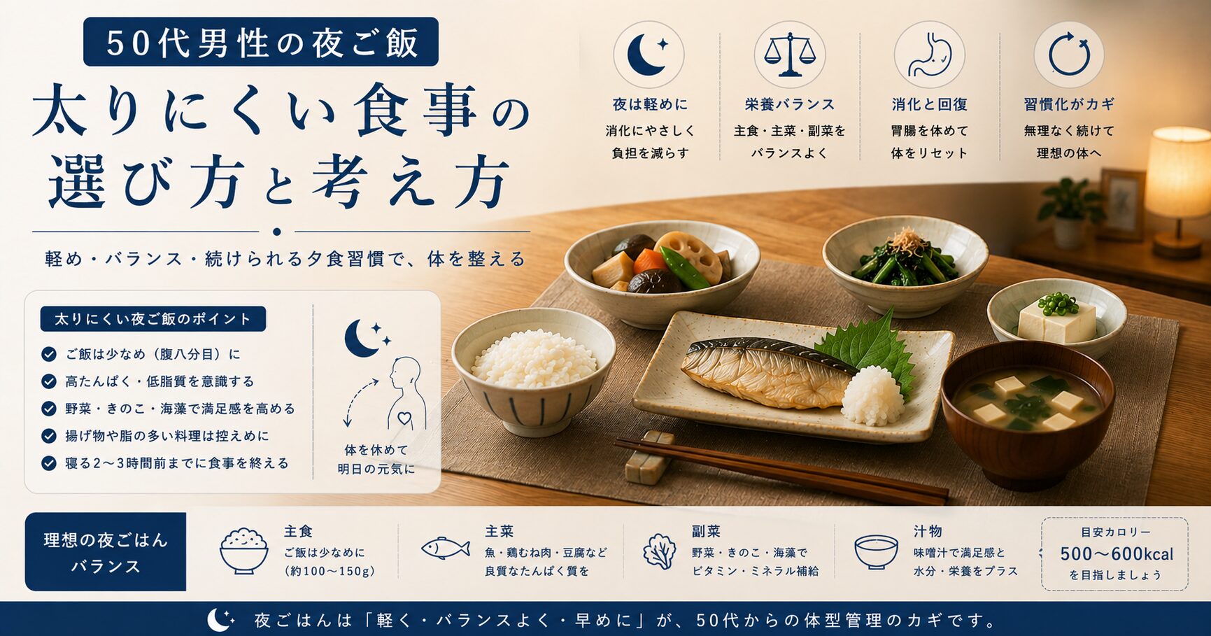 50代男性向けに、軽めのご飯・焼き魚・味噌汁・野菜料理を使って、太りにくい夜ご飯の選び方を解説した画像