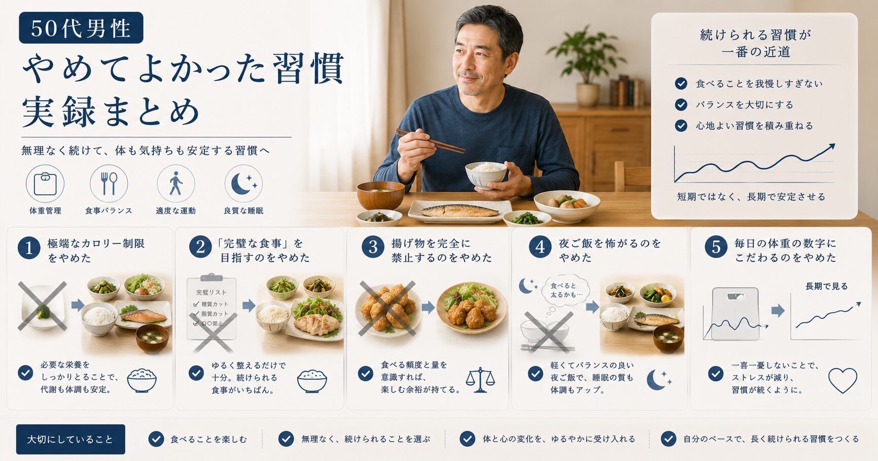 50代男性が体重管理のためにやめてよかった習慣として、極端な食事制限・完璧主義・揚げ物禁止・夜ご飯への不安・体重数字への執着を整理した画像