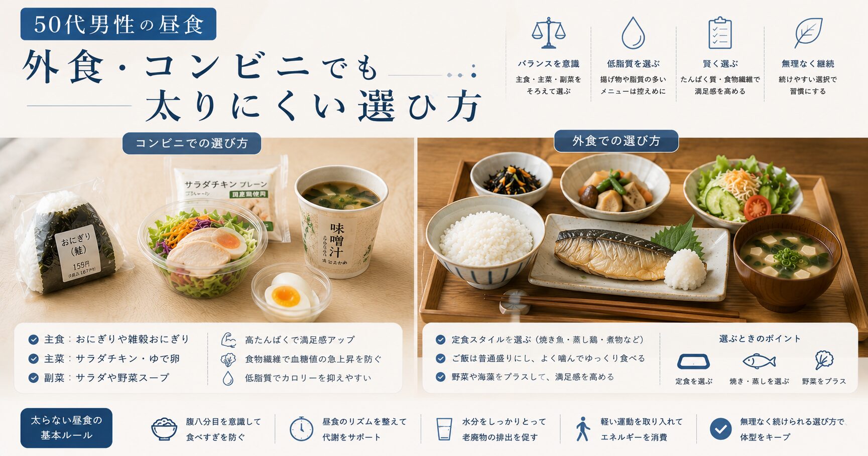 50代男性向けに、コンビニと外食で太りにくい昼食の選び方を、おにぎり・サラダチキン・味噌汁・焼き魚定食などで紹介した画像