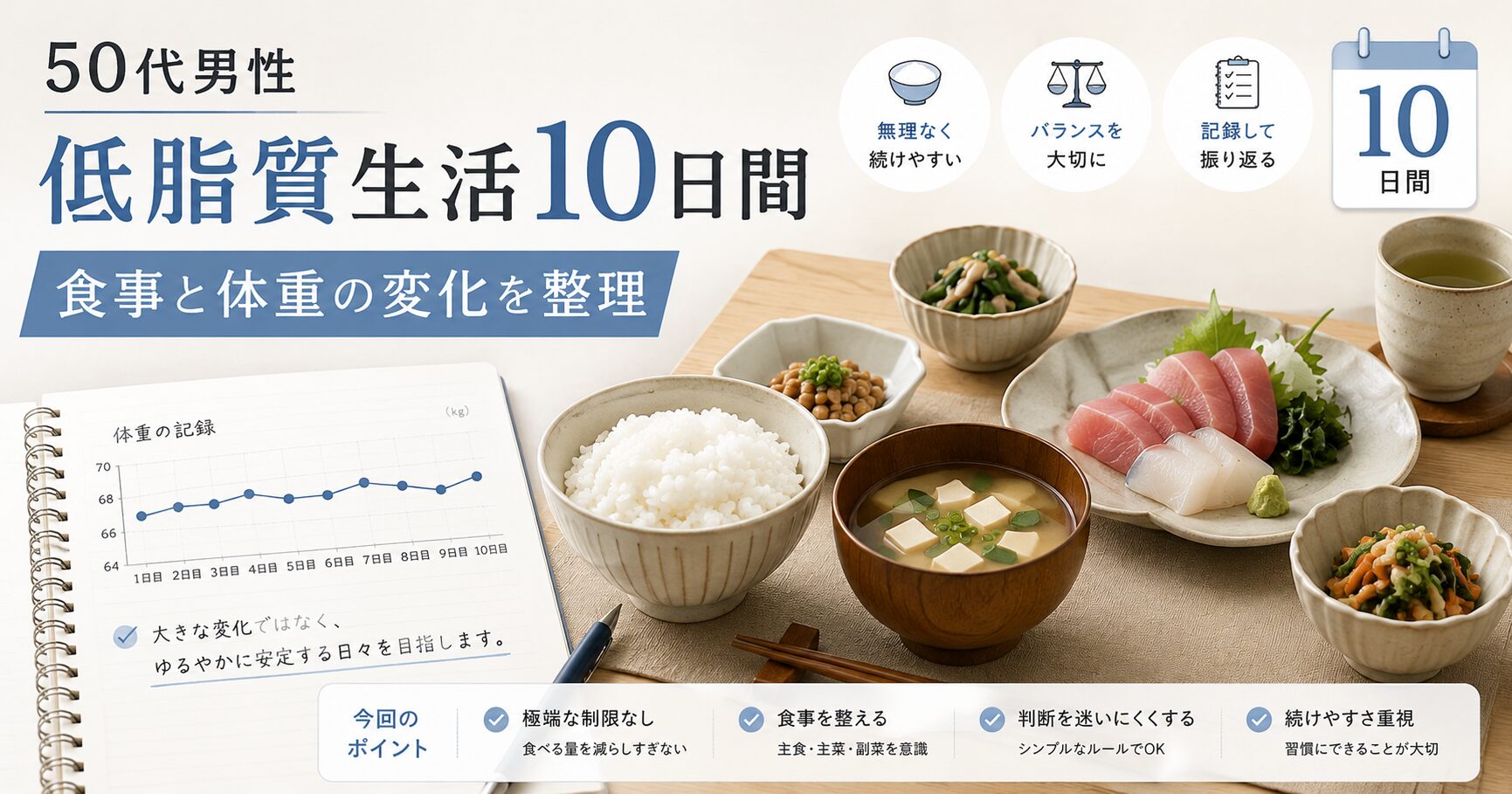 50代男性の低脂質な食事と体重管理をテーマにしたアイキャッチ画像