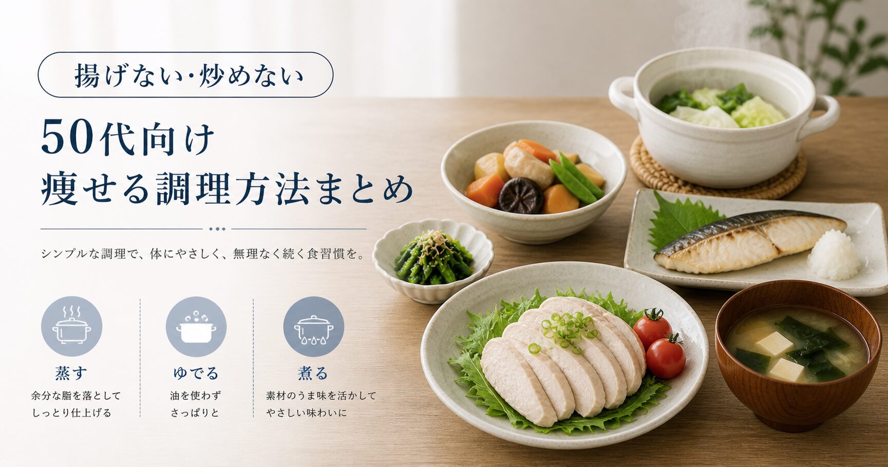 50代男性向けの低脂質な食事改善として、蒸す・ゆでる・煮る調理方法と、鶏むね肉・焼き魚・味噌汁・野菜料理を紹介した画像