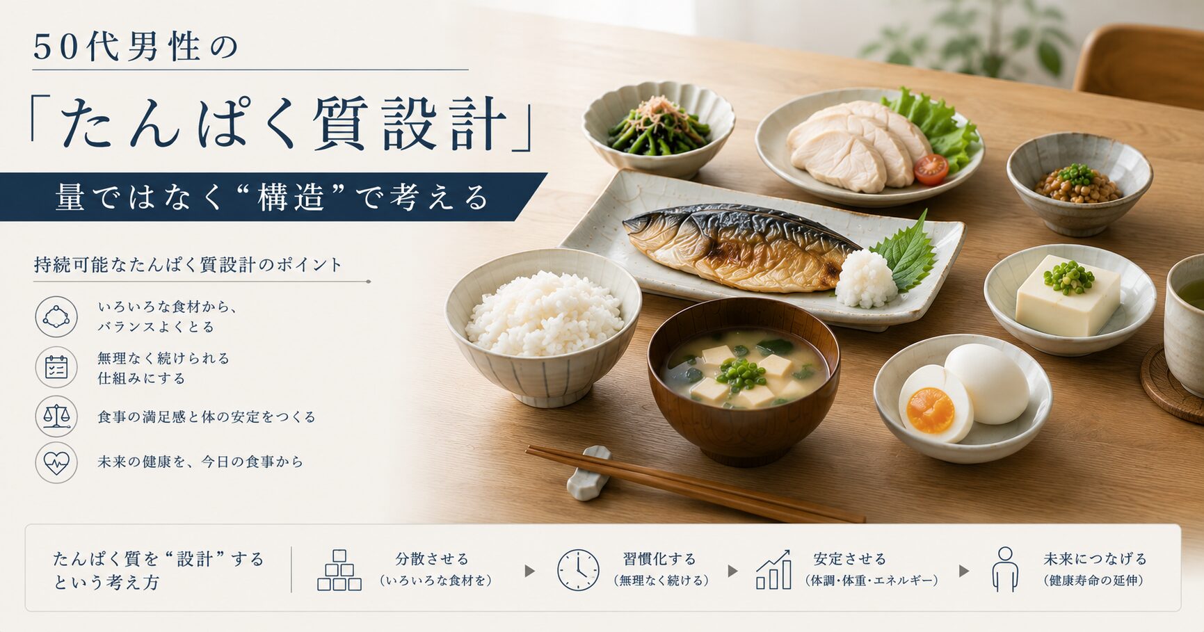 魚・鶏肉・卵・豆腐・納豆・味噌汁を組み合わせた、50代男性向けの分散型たんぱく質設計イメージ
