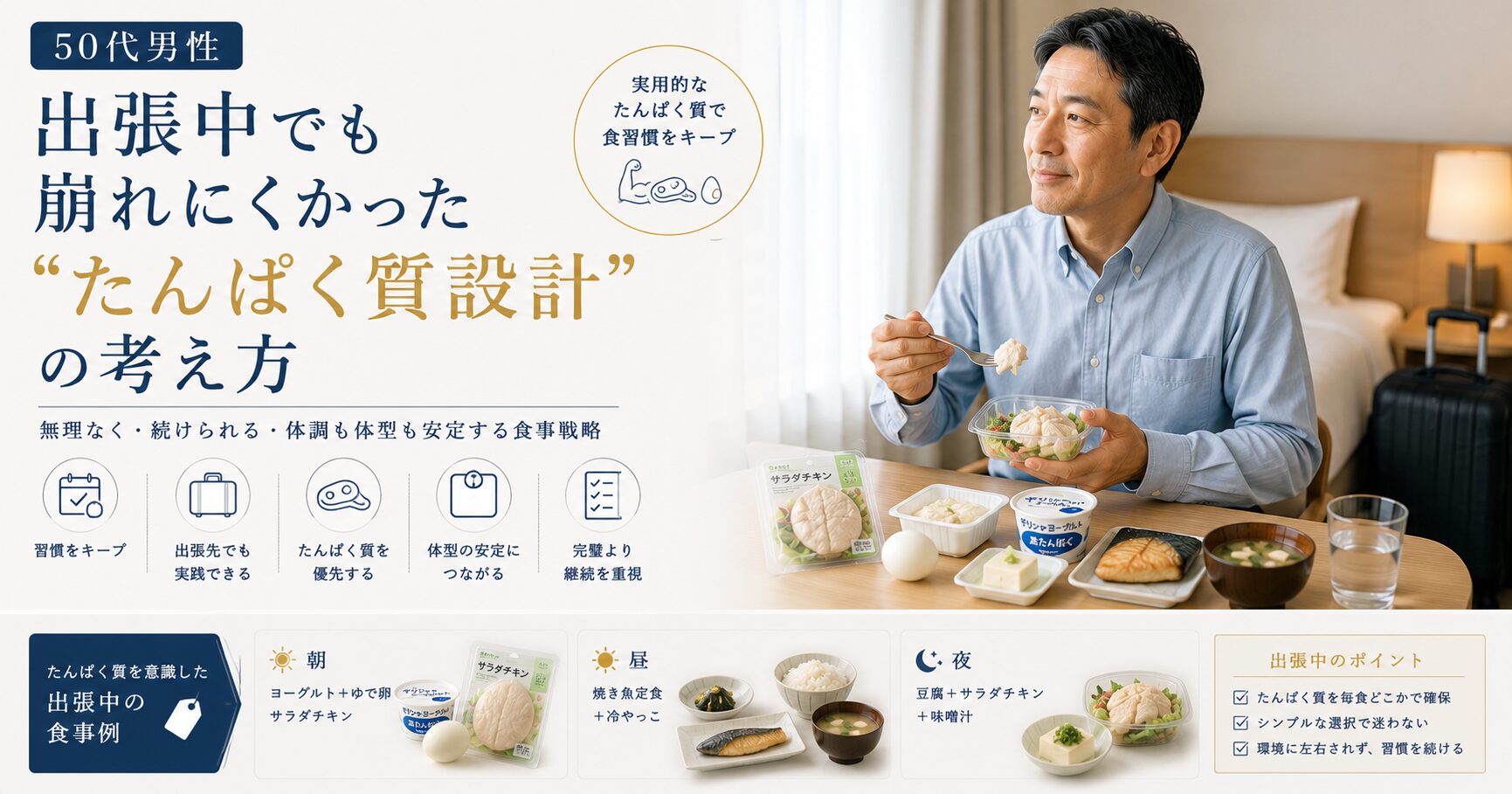 50代男性が出張中でも、サラダチキン・卵・豆腐・焼き魚などでたんぱく質を確保しながら食習慣を維持する考え方を解説した画像