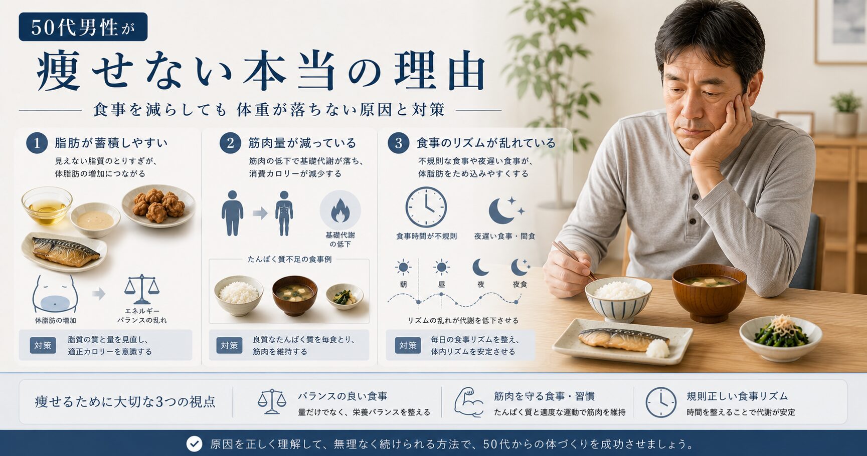 50代男性が食事を減らしても痩せにくい原因として、脂質の蓄積・筋肉量低下・食事リズムの乱れを解説したダイエット画像