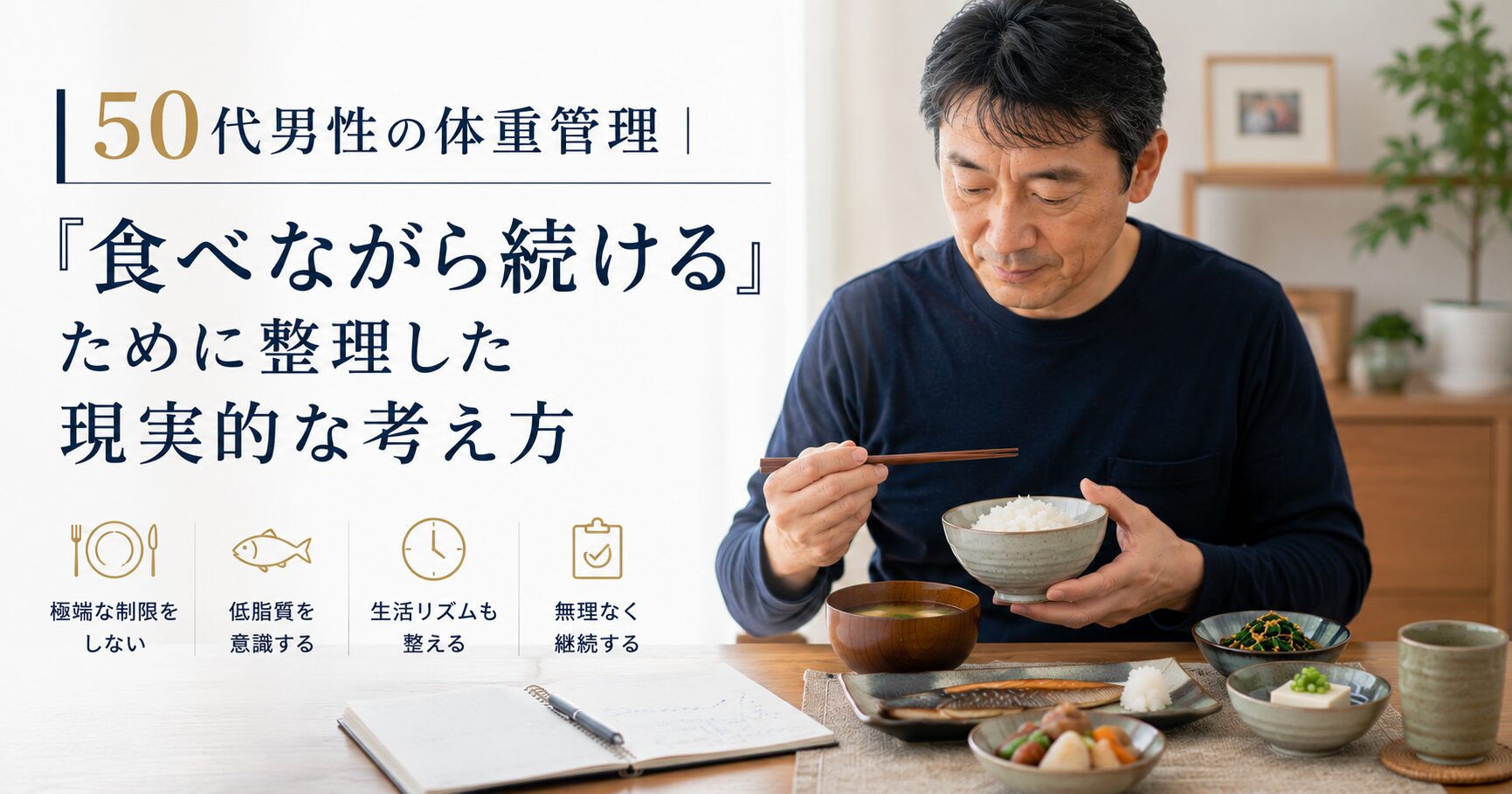 50代男性が和食中心で無理なく体重管理を続けているイメージ