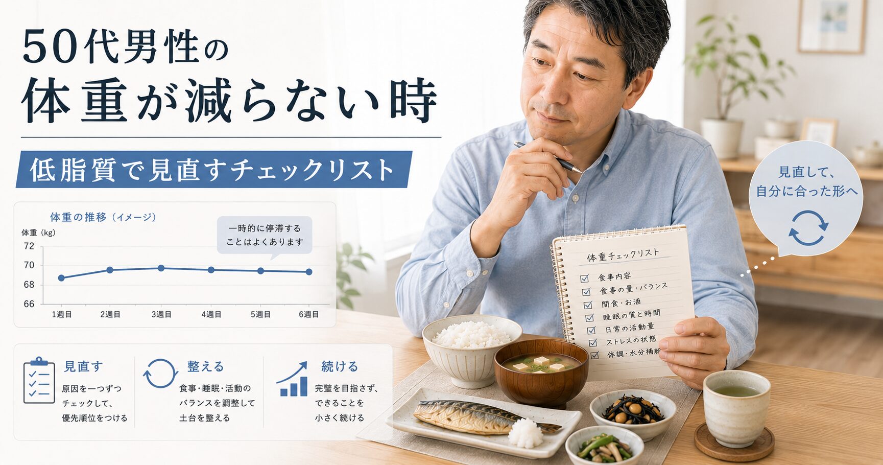 50代男性が低脂質の食事を見直しながら体重停滞を整理しているイメージ