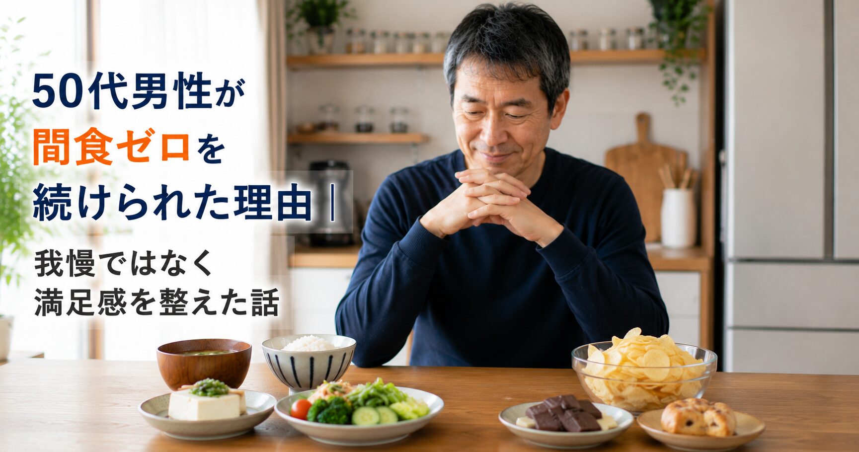 健康的な食事とお菓子を見比べる50代男性