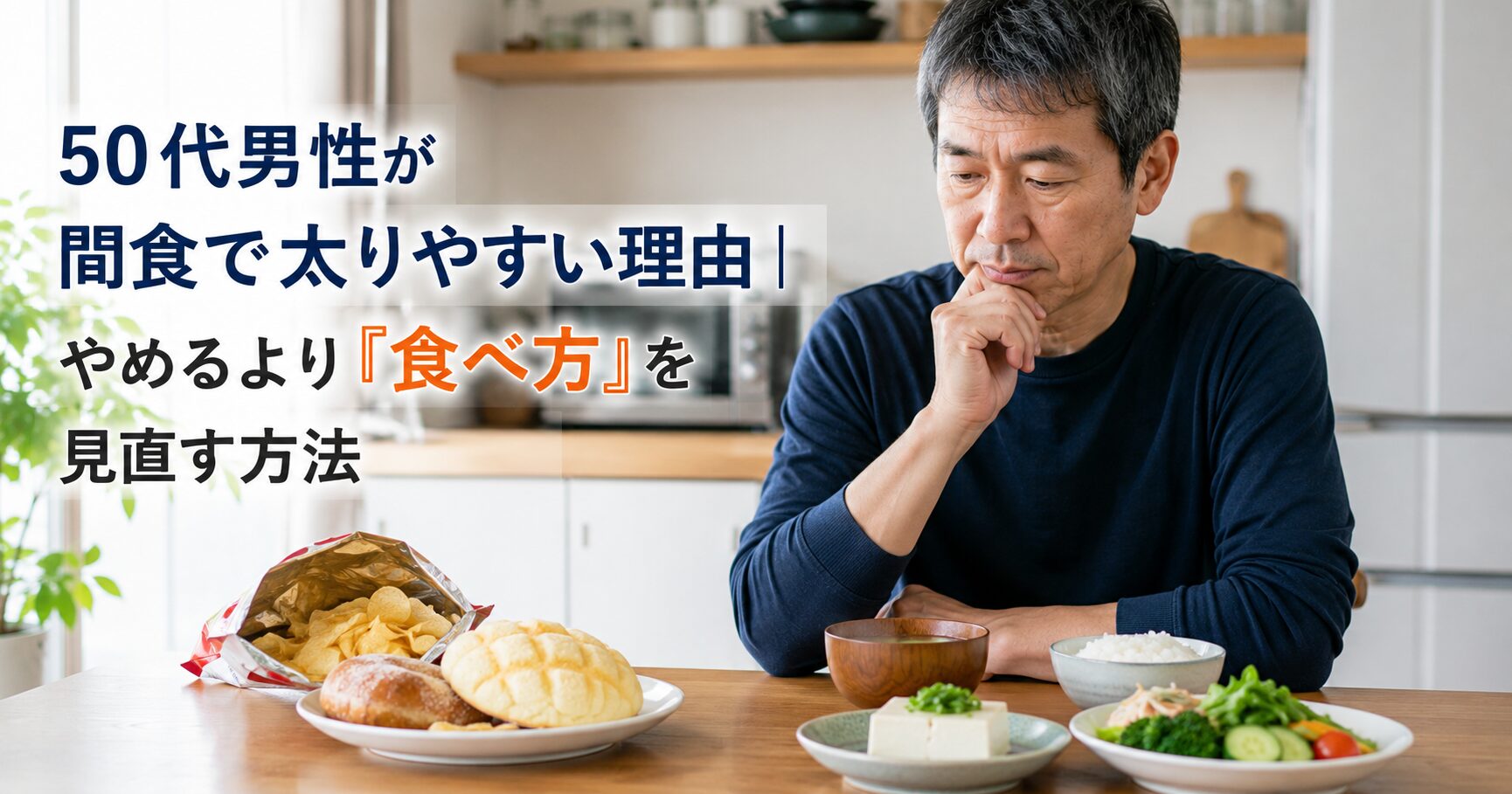 間食と食事改善の選択肢を前に考える50代男性
