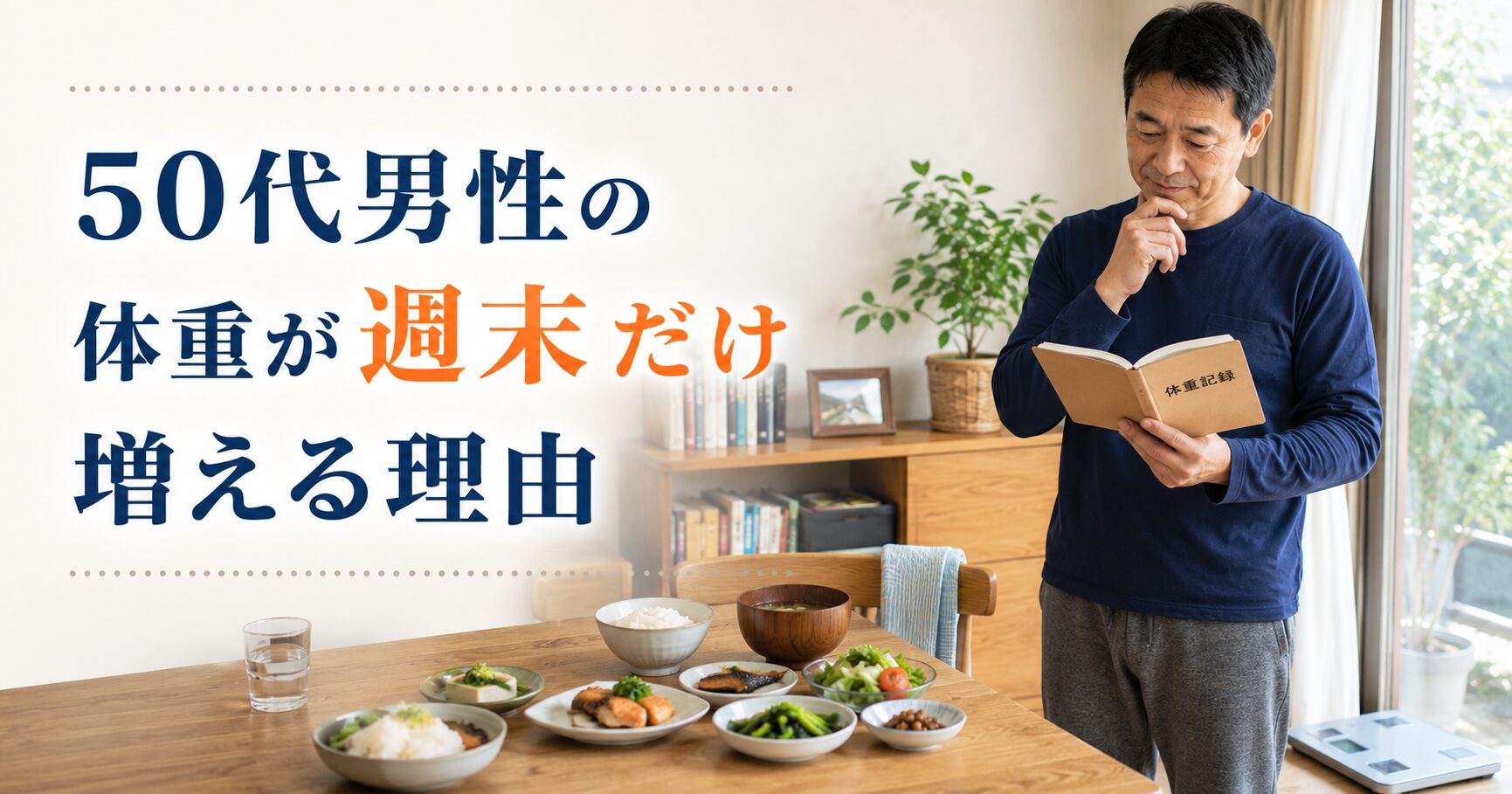 体重記録を確認しながら週末の体重変動を振り返る50代男性