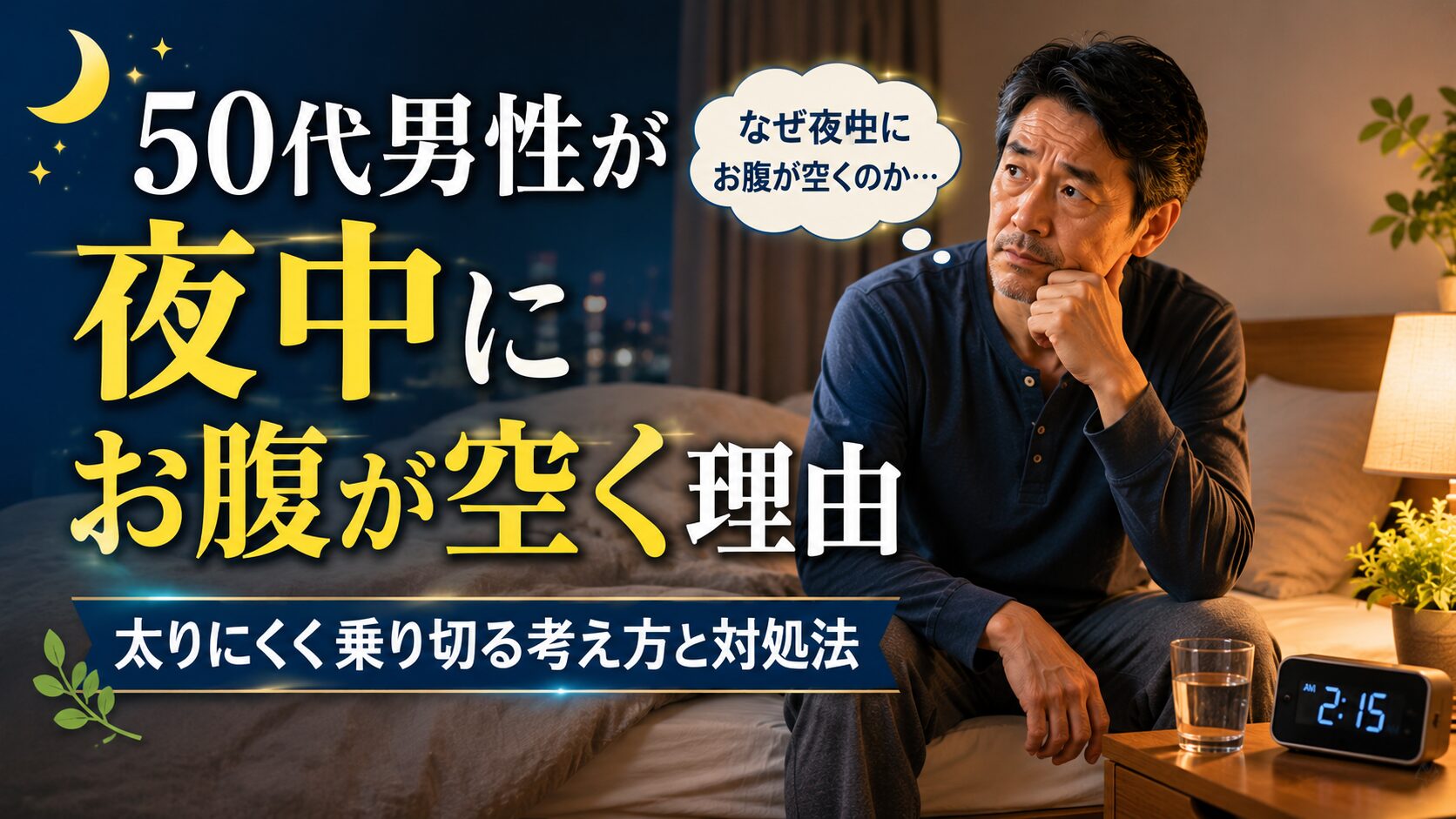 夜中に目が覚めて空腹を感じる50代男性と記事タイトルのアイキャッチ画像