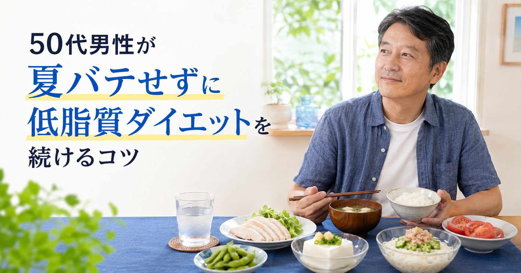 味噌汁や豆腐、鶏むね肉、夏野菜を取り入れて低脂質ダイエットを続ける50代男性