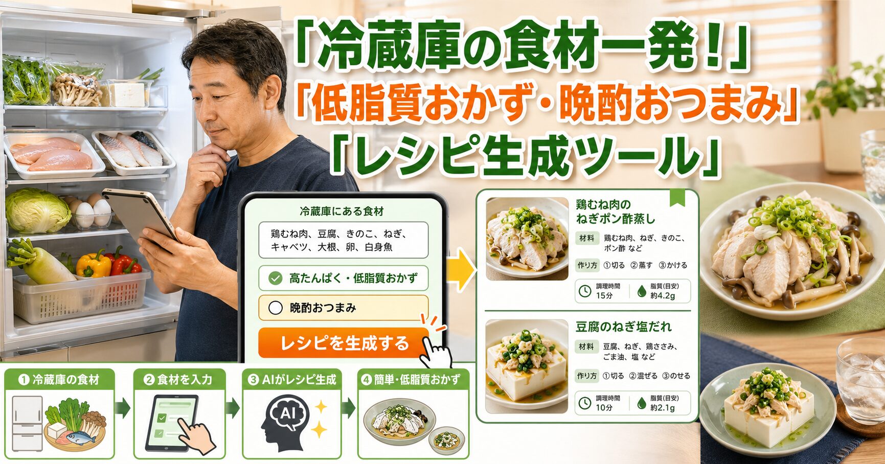 冷蔵庫の食材一発！低脂質おかず・晩酌おつまみレシピ生成ツール